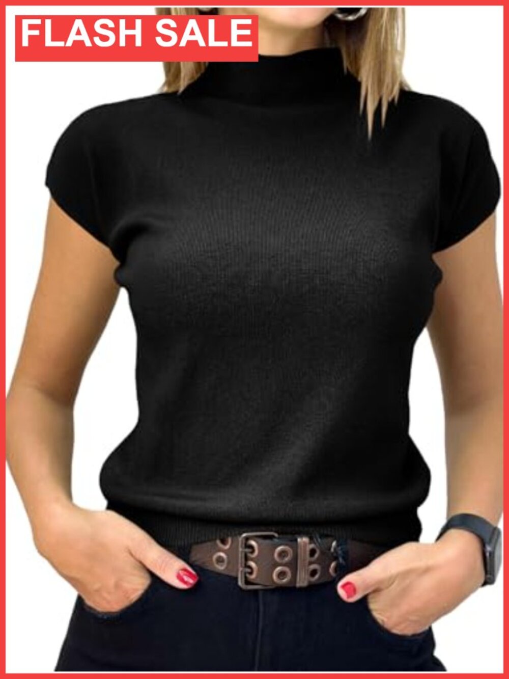 Women's Short Sleeve Mock Neck Ribbed Knit Pullover Sweater Summer Top